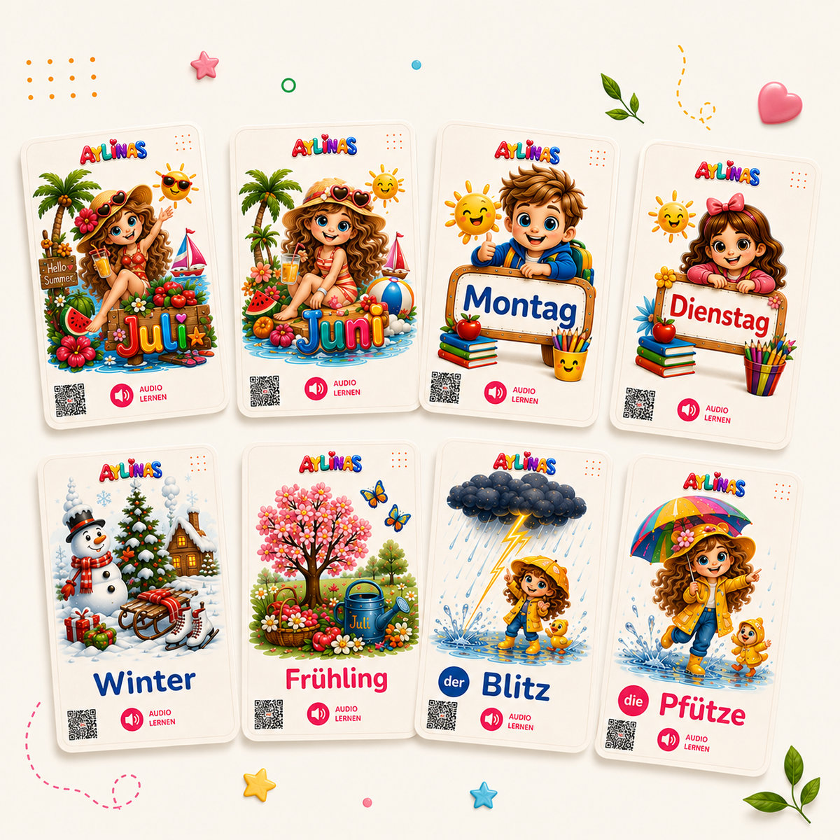 Zeit & Wetter — Time & Weather German Flashcards for Kids